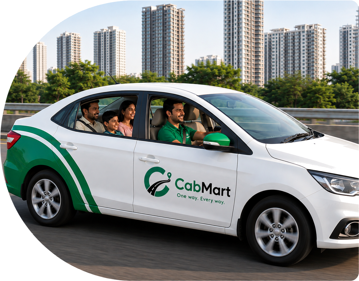 A family riding in a Cabmart taxi